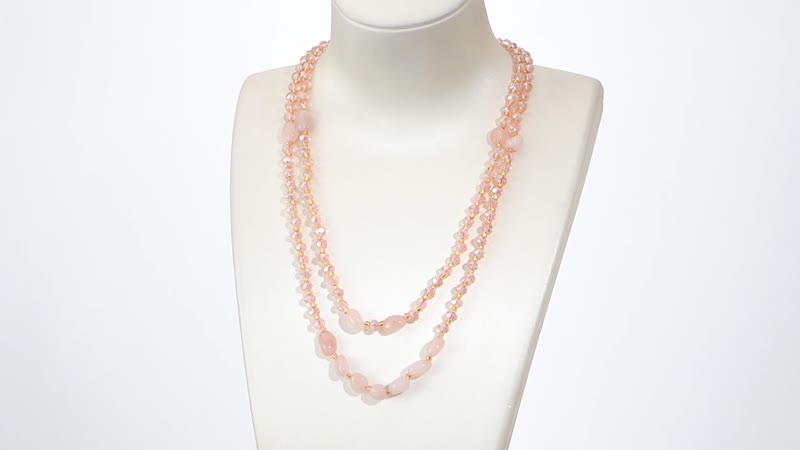 Galilea Rose Quartz, Pink and Champagne Glass Beaded Two Row Necklace (18-20 Inches) in Stainless Steel 50.00 ctw