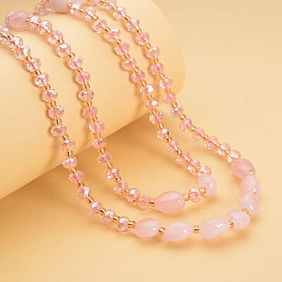 Galilea Rose Quartz 50.00 ctw, Pink and Champagne Glass Beaded Two Row Necklace in Stainless Steel 18-20 Inches, Tarnish-Free, Waterproof, Sweat Proof Jewelry