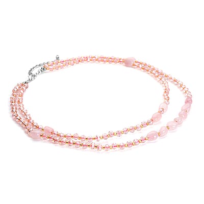 Galilea Rose Quartz 50.00 ctw, Pink and Champagne Glass Beaded Two Row Necklace in Stainless Steel 18-20 Inches, Tarnish-Free, Waterproof, Sweat Proof Jewelry