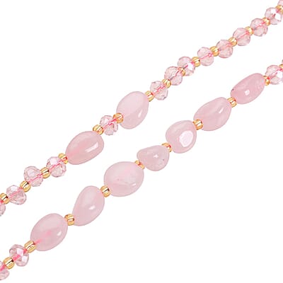 Galilea Rose Quartz 50.00 ctw, Pink and Champagne Glass Beaded Two Row Necklace in Stainless Steel 18-20 Inches, Tarnish-Free, Waterproof, Sweat Proof Jewelry