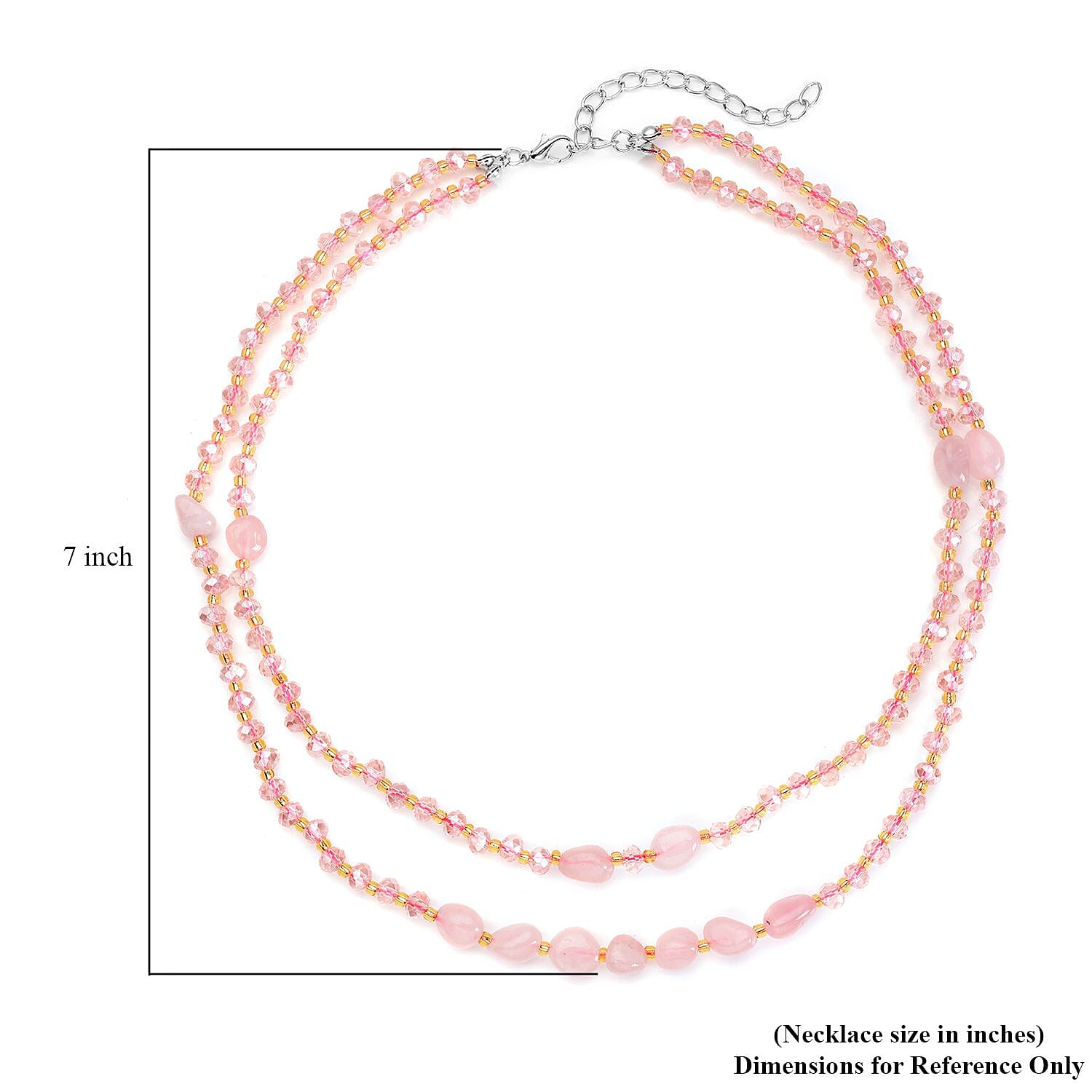 Galilea Rose Quartz 50.00 ctw, Pink and Champagne Glass Beaded Two Row Necklace in Stainless Steel 18-20 Inches, Tarnish-Free, Waterproof, Sweat Proof Jewelry