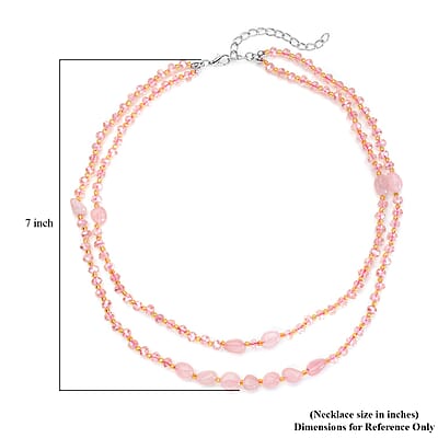 Galilea Rose Quartz 50.00 ctw, Pink and Champagne Glass Beaded Two Row Necklace in Stainless Steel 18-20 Inches, Tarnish-Free, Waterproof, Sweat Proof Jewelry