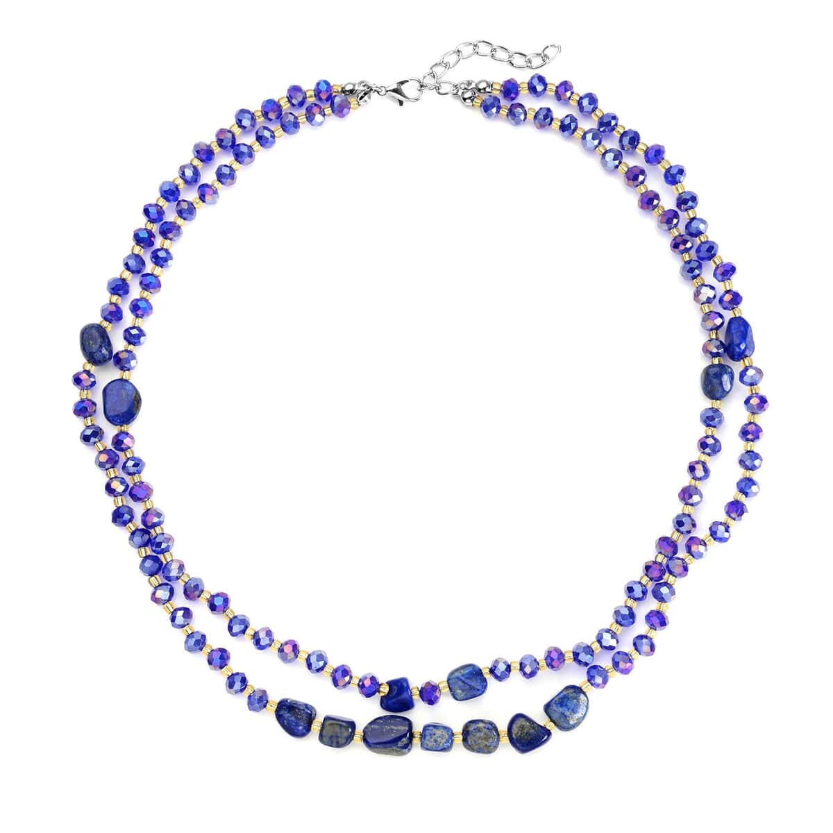 Lapis Lazuli, Blue and Champagne Glass Beaded Two Row Necklace (18-20 Inches) in Stainless Steel 50.00 ctw , Tarnish-Free, Waterproof, Sweat Proof Jewelry image number 0