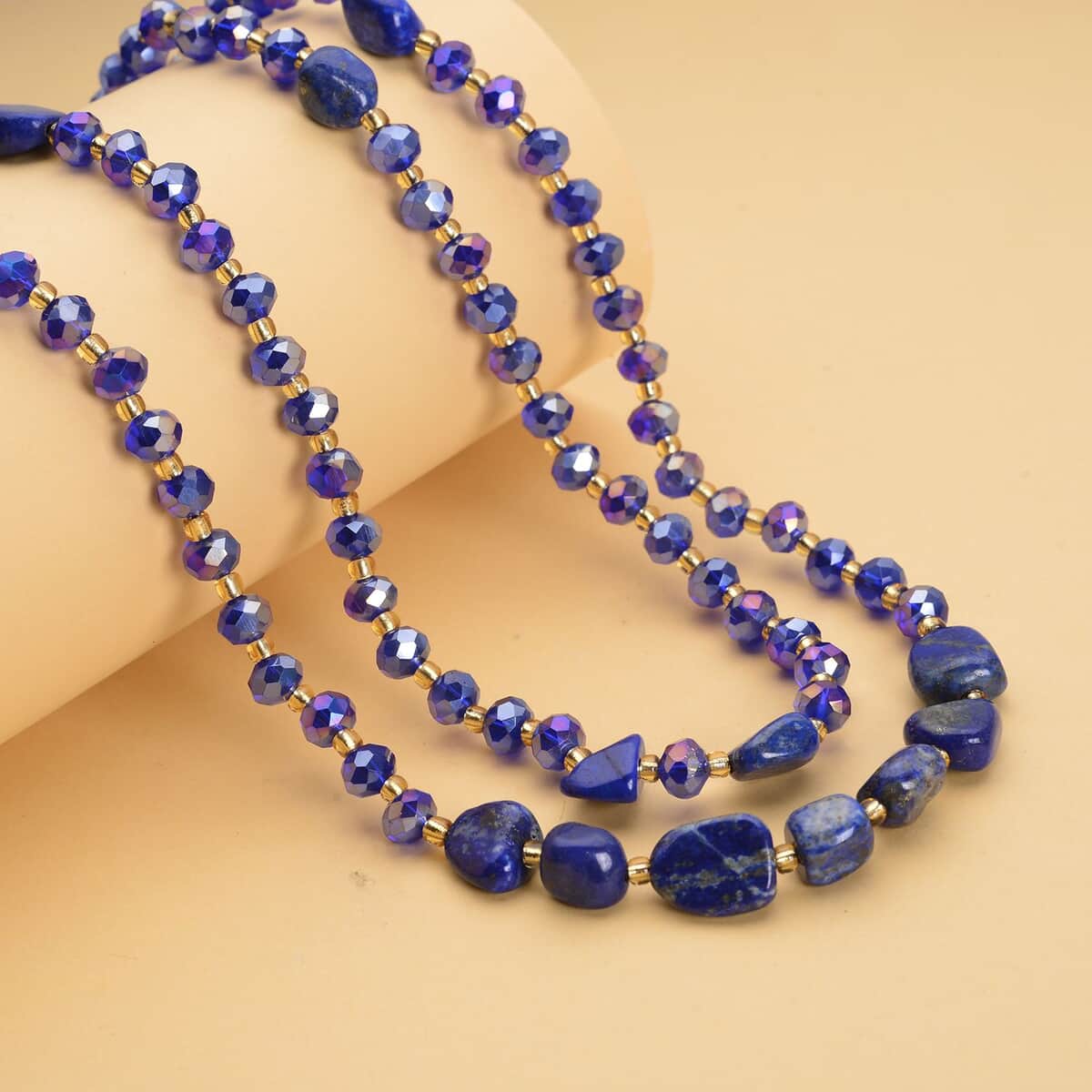 Lapis Lazuli, Blue and Champagne Glass Beaded Two Row Necklace (18-20 Inches) in Stainless Steel 50.00 ctw , Tarnish-Free, Waterproof, Sweat Proof Jewelry image number 1