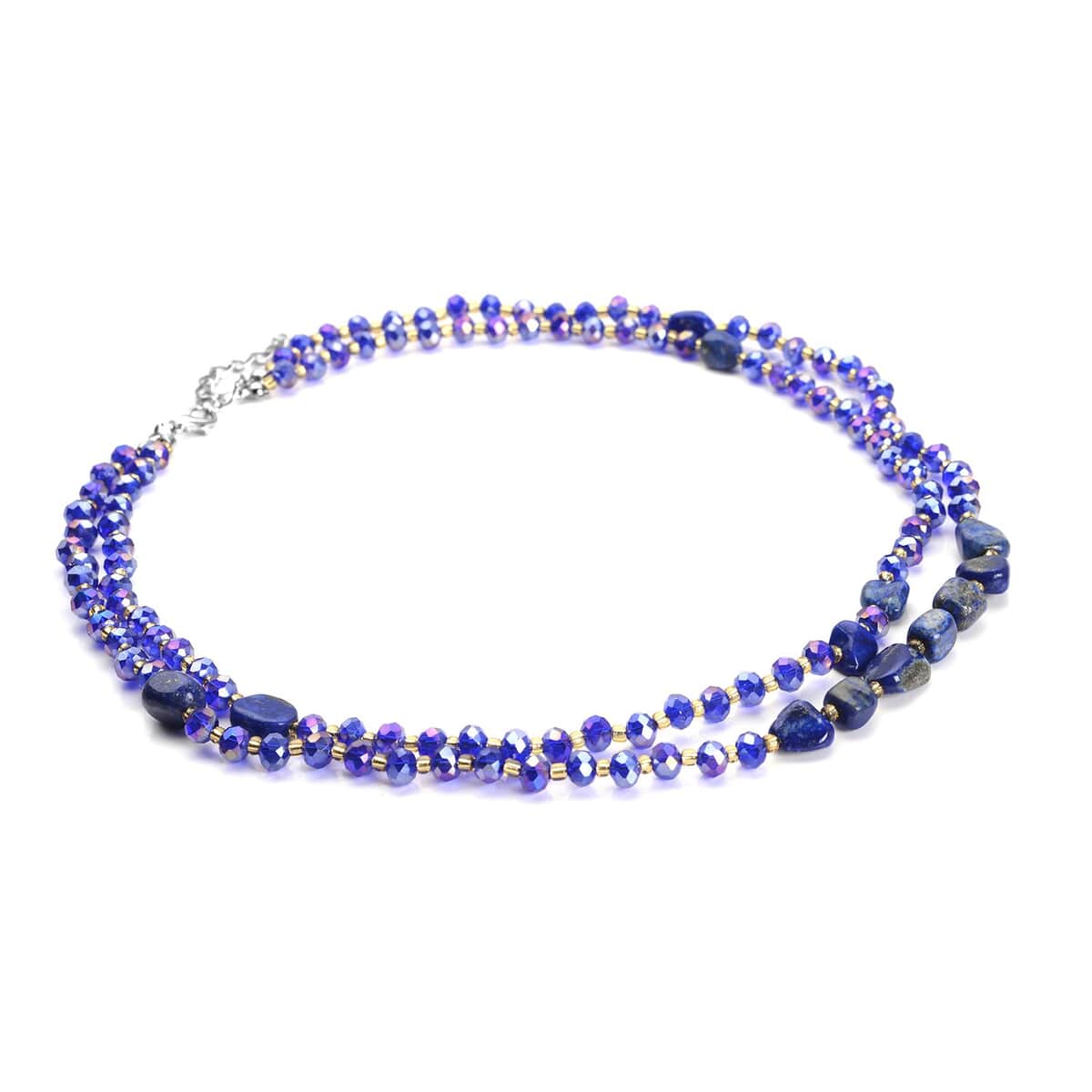 Lapis Lazuli, Blue and Champagne Glass Beaded Two Row Necklace (18-20 Inches) in Stainless Steel 50.00 ctw , Tarnish-Free, Waterproof, Sweat Proof Jewelry image number 2