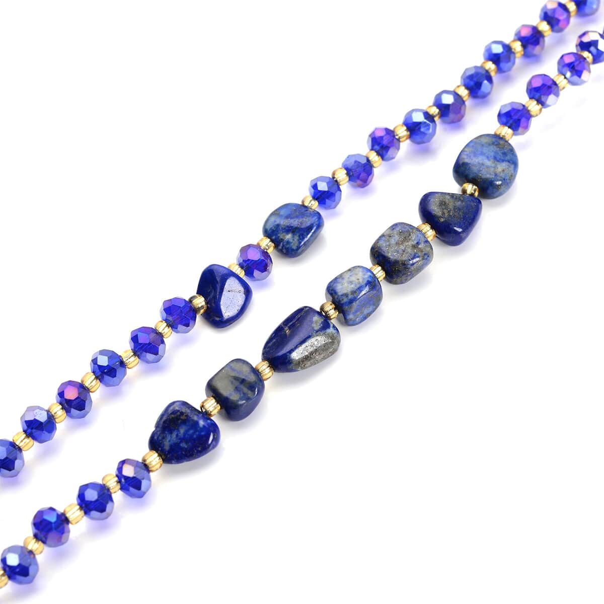 Lapis Lazuli, Blue and Champagne Glass Beaded Two Row Necklace (18-20 Inches) in Stainless Steel 50.00 ctw , Tarnish-Free, Waterproof, Sweat Proof Jewelry image number 3