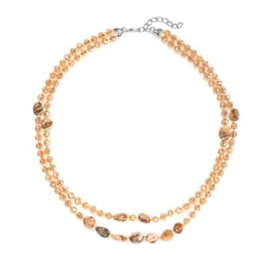 Picture Jasper 50.00 ctw, Champagne Glass Beaded Two Row Necklace in Stainless Steel 18-20 Inches, Tarnish-Free, Waterproof, Sweat Proof Jewelry