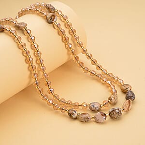 Picture Jasper 50.00 ctw, Champagne Glass Beaded Two Row Necklace in Stainless Steel 18-20 Inches, Tarnish-Free, Waterproof, Sweat Proof Jewelry