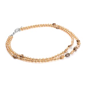 Picture Jasper 50.00 ctw, Champagne Glass Beaded Two Row Necklace in Stainless Steel 18-20 Inches, Tarnish-Free, Waterproof, Sweat Proof Jewelry