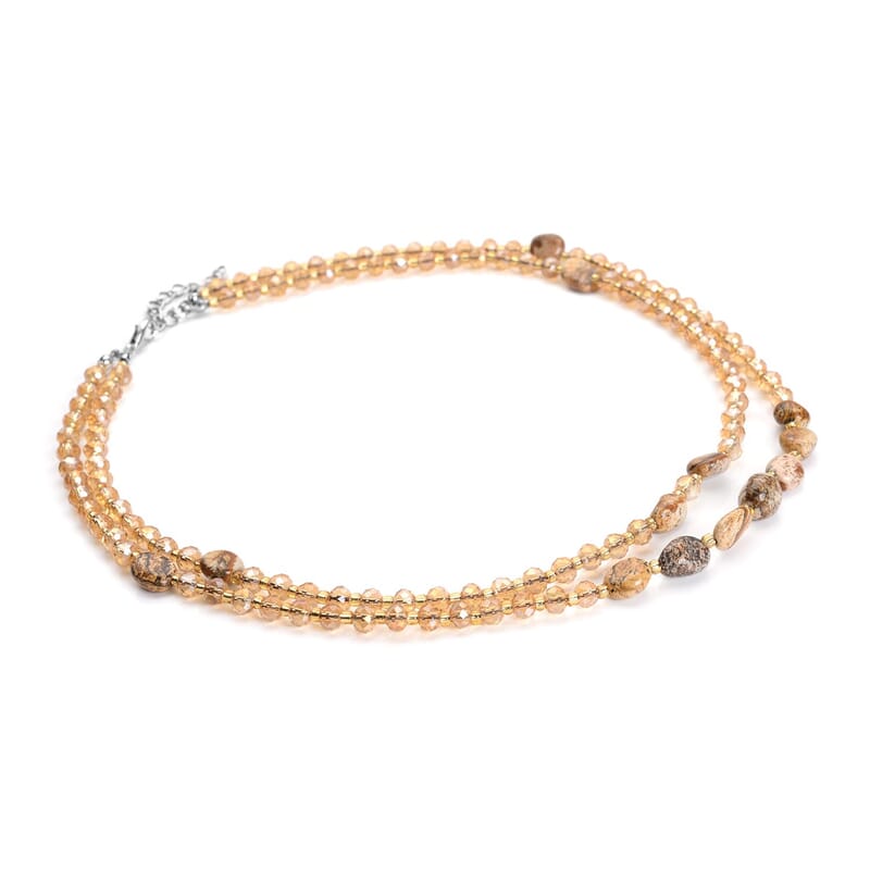 Picture Jasper 50.00 ctw, Champagne Glass Beaded Two Row Necklace in Stainless Steel 18-20 Inches, Tarnish-Free, Waterproof, Sweat Proof Jewelry
