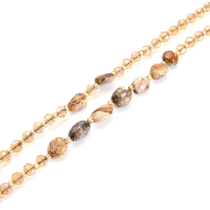 Picture Jasper 50.00 ctw, Champagne Glass Beaded Two Row Necklace in Stainless Steel 18-20 Inches, Tarnish-Free, Waterproof, Sweat Proof Jewelry