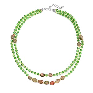 Unakite 50.00 ctw, Green and Champagne Glass Beaded Two Row Necklace in Stainless Steel 18-20 Inches, Tarnish-Free, Waterproof, Sweat Proof Jewelry