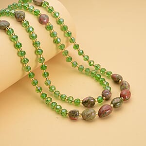 Unakite 50.00 ctw, Green and Champagne Glass Beaded Two Row Necklace in Stainless Steel 18-20 Inches, Tarnish-Free, Waterproof, Sweat Proof Jewelry