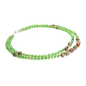Unakite 50.00 ctw, Green and Champagne Glass Beaded Two Row Necklace in Stainless Steel 18-20 Inches, Tarnish-Free, Waterproof, Sweat Proof Jewelry