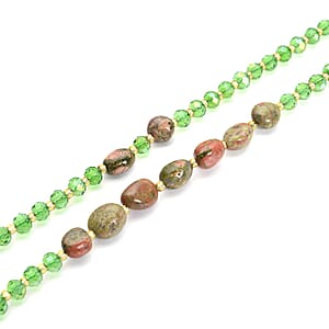 Unakite 50.00 ctw, Green and Champagne Glass Beaded Two Row Necklace in Stainless Steel 18-20 Inches, Tarnish-Free, Waterproof, Sweat Proof Jewelry