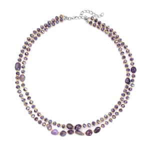 Amethyst, Purple Magic and Champagne Glass Beaded Two Row Necklace (18-20 Inches) in Stainless Steel 50.00 ctw , Tarnish-Free, Waterproof, Sweat Proof Jewelry