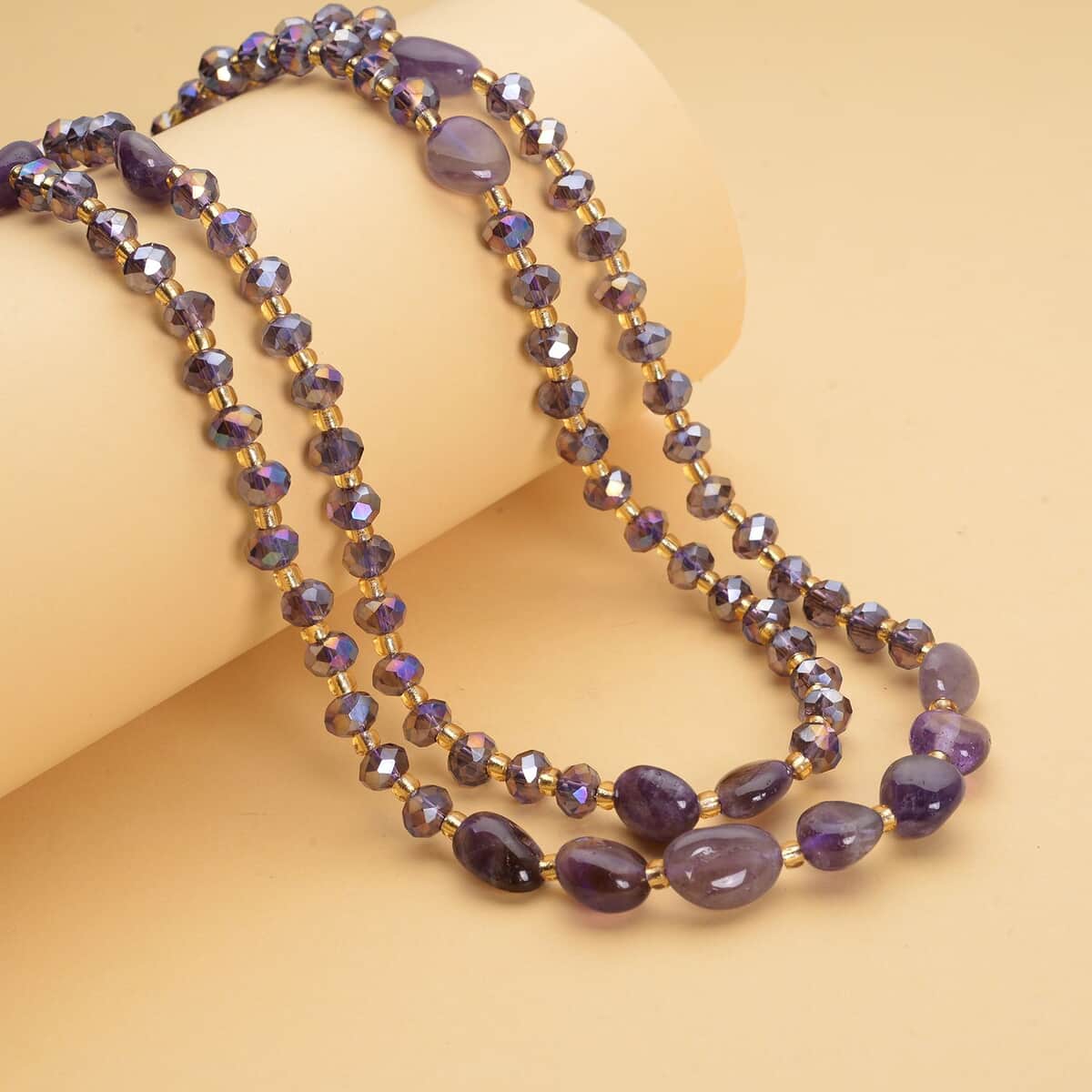 Amethyst, Purple Magic and Champagne Glass Beaded Two Row Necklace (18-20 Inches) in Stainless Steel 50.00 ctw , Tarnish-Free, Waterproof, Sweat Proof Jewelry image number 1