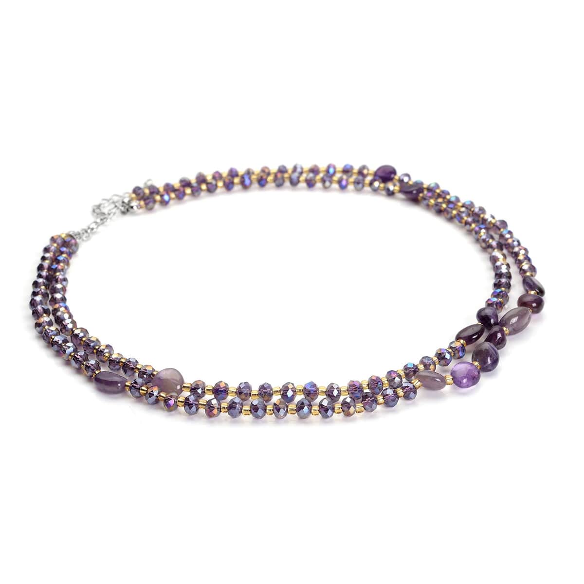 Amethyst, Purple Magic and Champagne Glass Beaded Two Row Necklace (18-20 Inches) in Stainless Steel 50.00 ctw , Tarnish-Free, Waterproof, Sweat Proof Jewelry image number 2