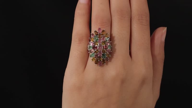 Multi-Tourmaline Floral Spray Ring in Platinum Over Sterling Silver 7.20 Grams 7.65 ctw