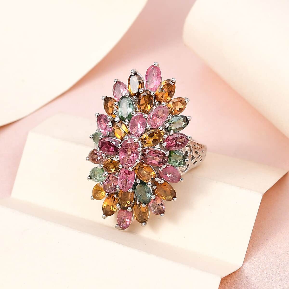 Multi-Tourmaline Floral Spray Ring in Platinum Over Sterling Silver 7.20 Grams 7.65 ctw image number 1