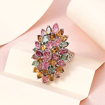 Multi-Tourmaline Floral Spray Ring in Platinum Over Sterling Silver (Size 10.0) 7.25 ctw
