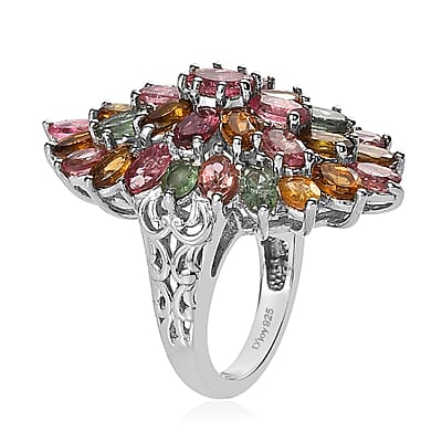 Multi-Tourmaline Floral Spray Ring in Platinum Over Sterling Silver (Size 10.0) 7.25 ctw