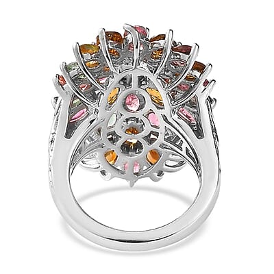 Multi-Tourmaline Floral Spray Ring in Platinum Over Sterling Silver (Size 10.0) 7.25 ctw