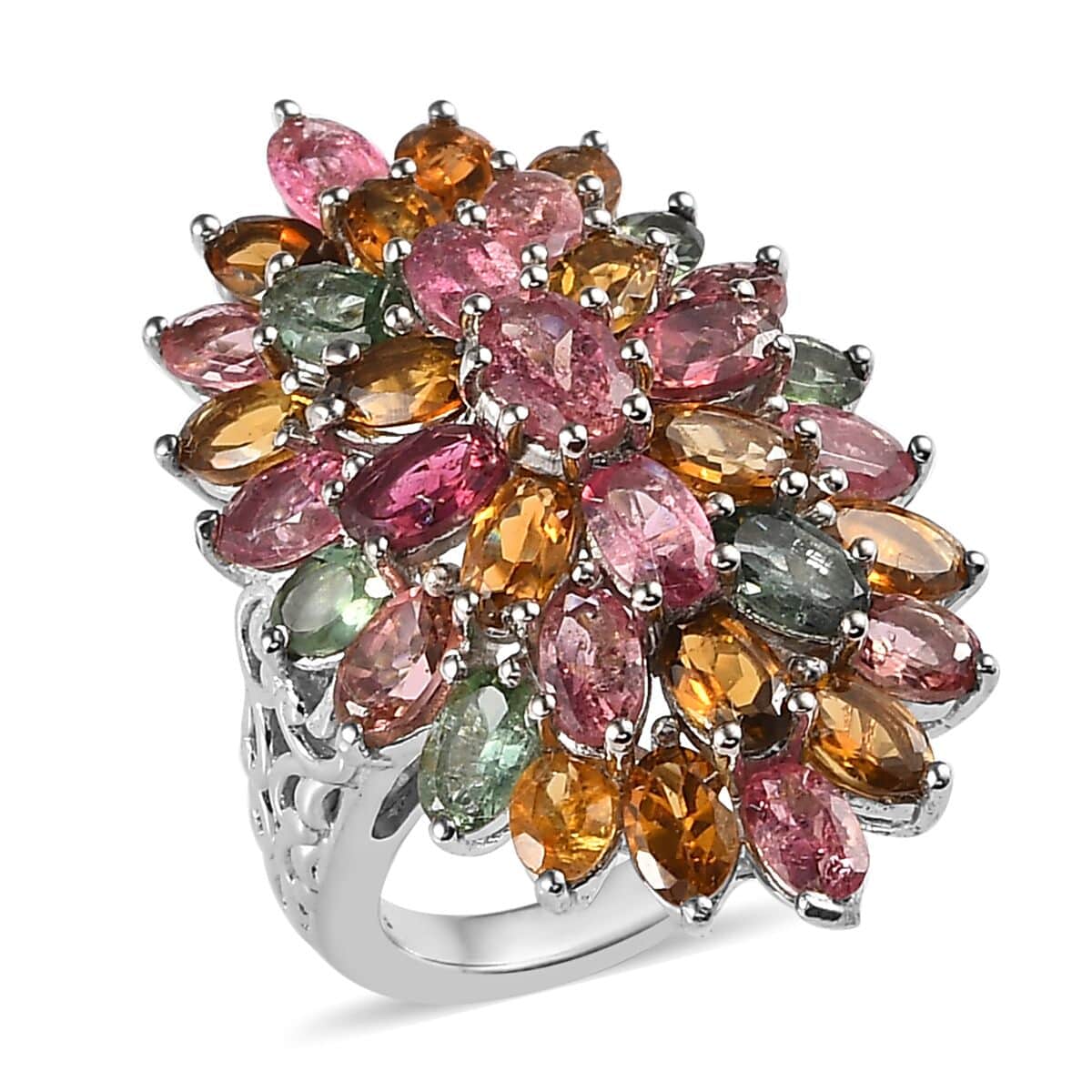 Multi-Tourmaline Floral Spray Ring in Platinum Over Sterling Silver (Size 5.0) 7.25 ctw image number 0