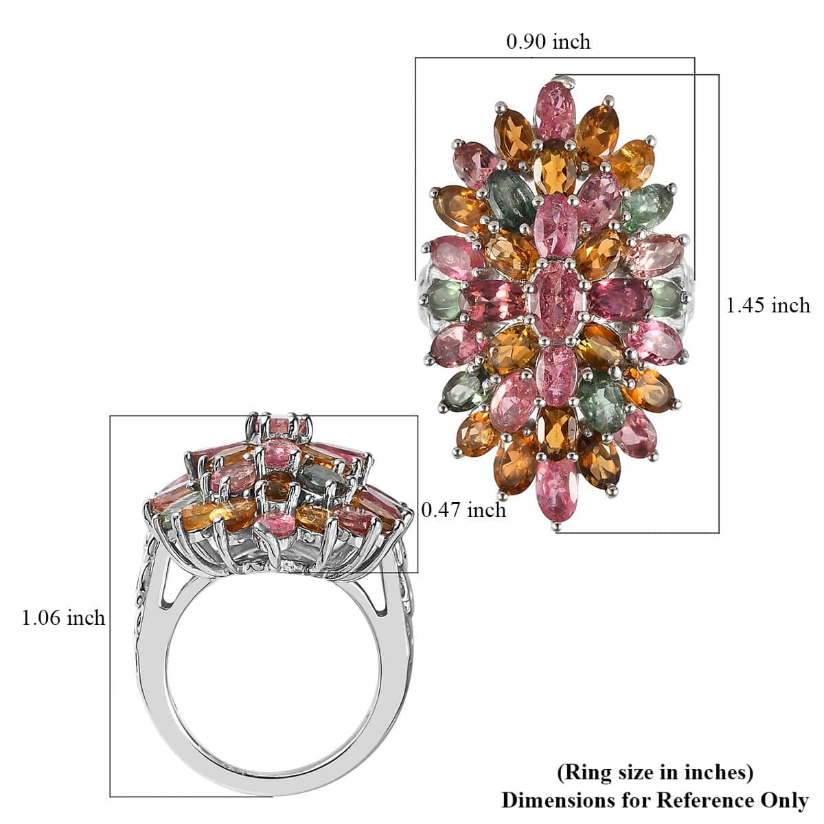 Multi-Tourmaline Floral Spray Ring in Platinum Over Sterling Silver (Size 5.0) 7.25 ctw image number 5