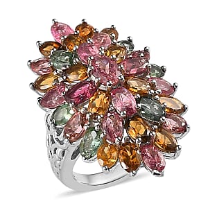 Multi-Tourmaline Floral Spray Ring in Platinum Over Sterling Silver (Size 6.0) 7.25 ctw