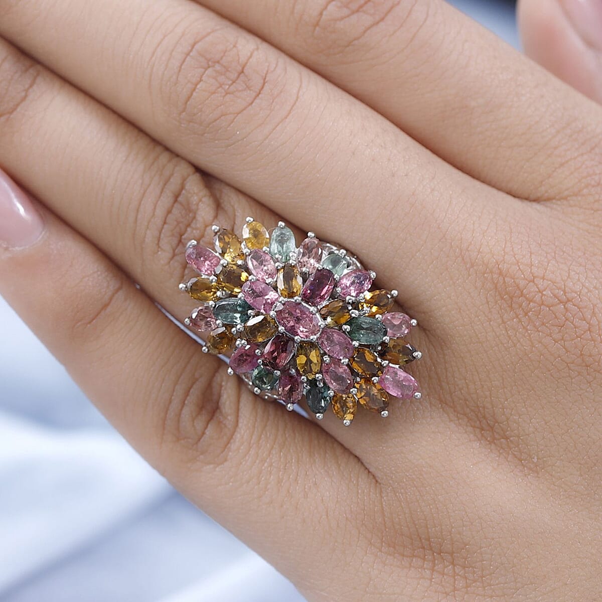 Multi-Tourmaline Floral Spray Ring in Platinum Over Sterling Silver (Size 7.0) 7.25 ctw image number 2