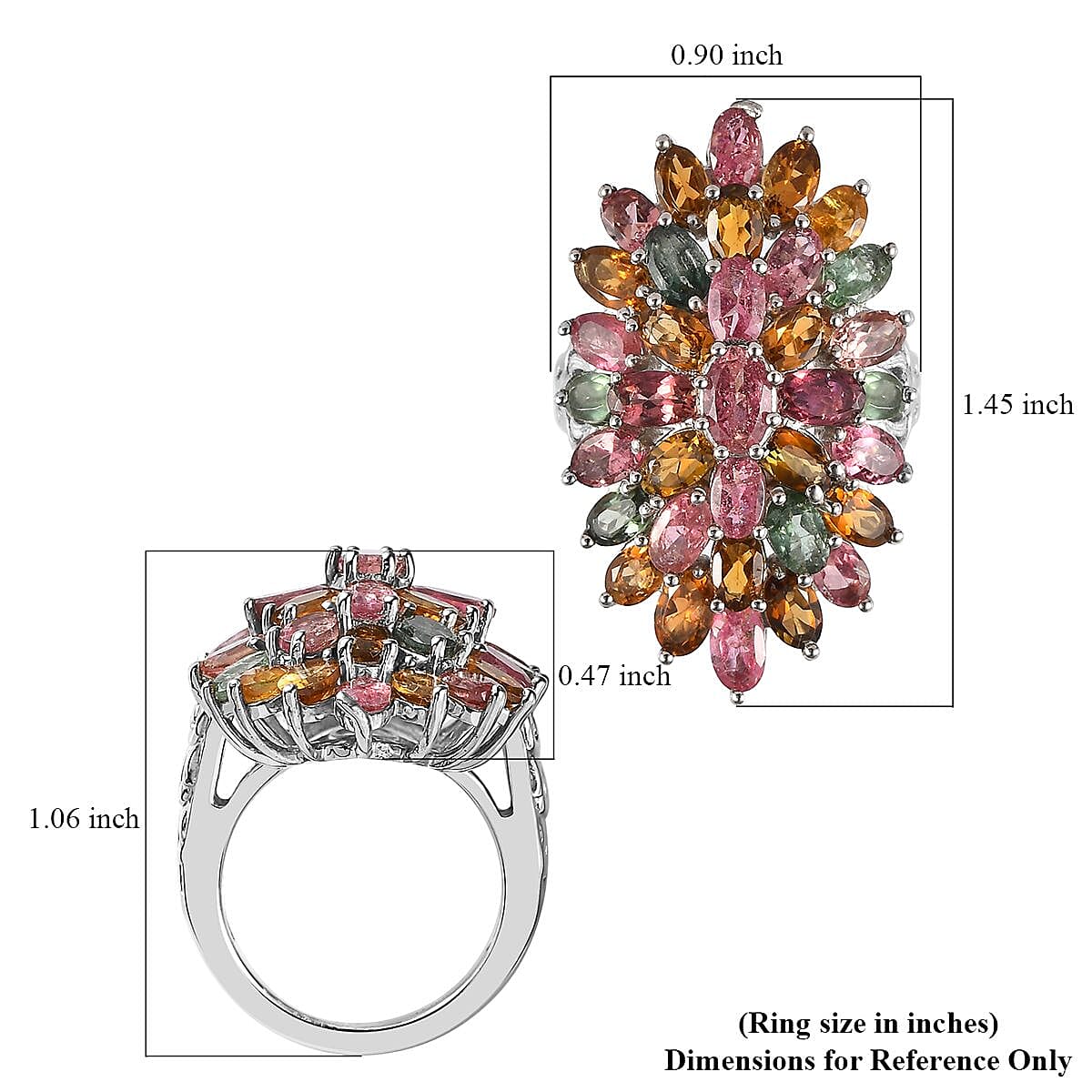 Multi-Tourmaline Floral Spray Ring in Platinum Over Sterling Silver (Size 7.0) 7.25 ctw image number 5