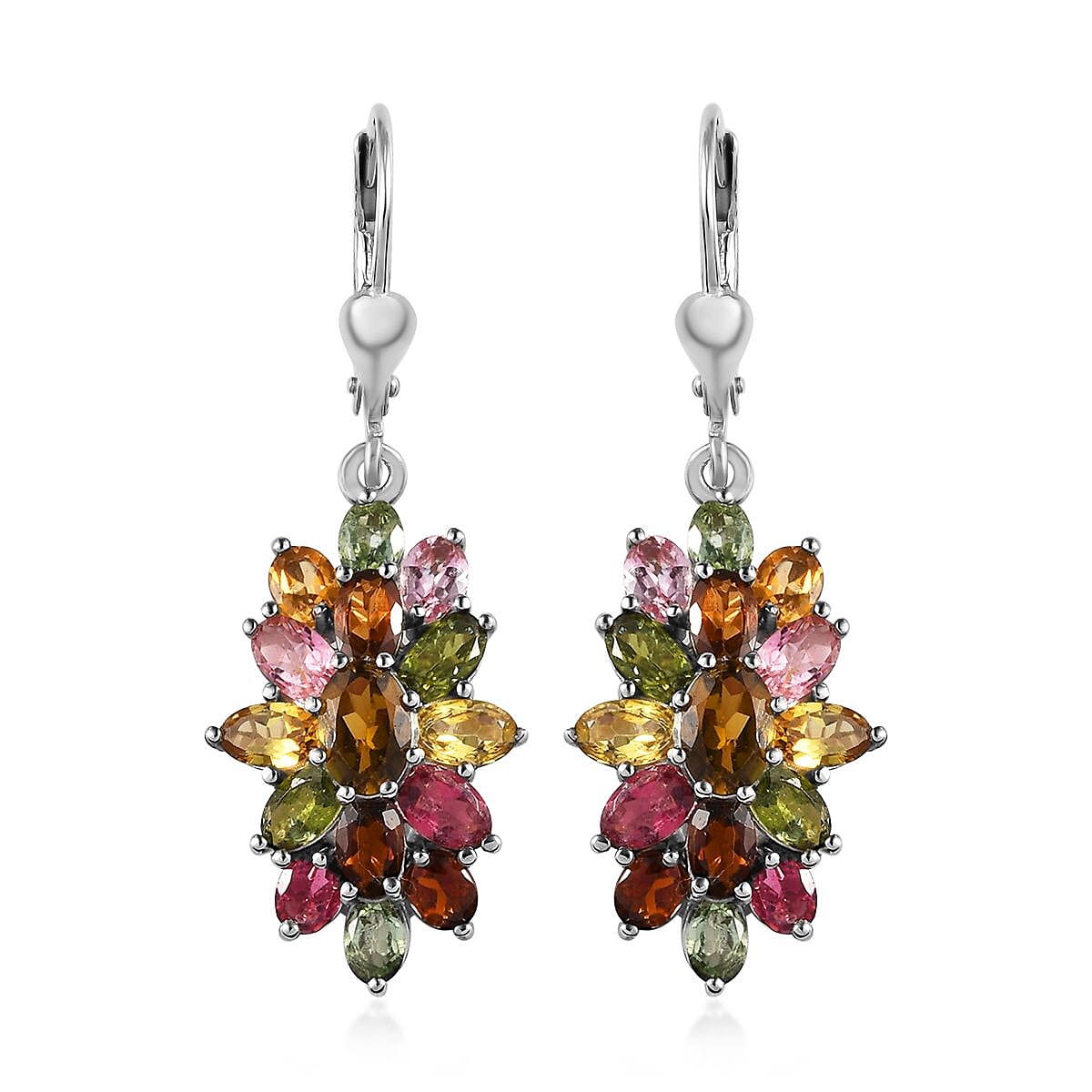 Multi-Tourmaline Lever Back Earrings in Platinum Over Sterling Silver 6.40 ctw