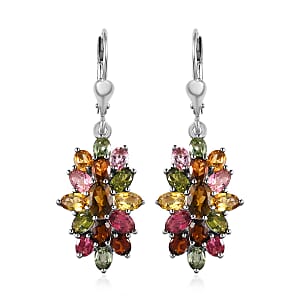 Multi-Tourmaline Lever Back Earrings in Platinum Over Sterling Silver 6.40 ctw
