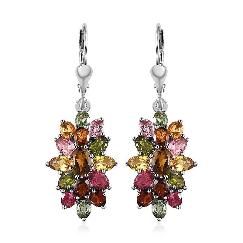 Multi-Tourmaline Lever Back Earrings in Platinum Over Sterling Silver 6.40 ctw