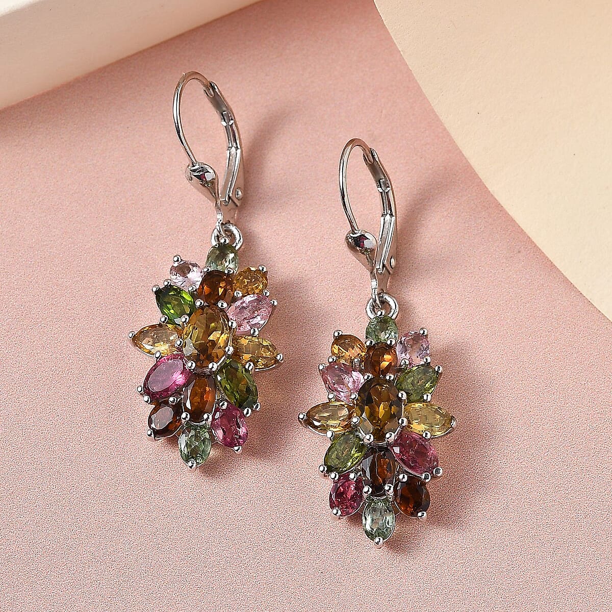 Multi-Tourmaline Lever Back Earrings in Platinum Over Sterling Silver 6.40 ctw image number 1