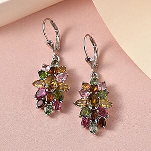 Multi-Tourmaline Lever Back Earrings in Platinum Over Sterling Silver 6.40 ctw