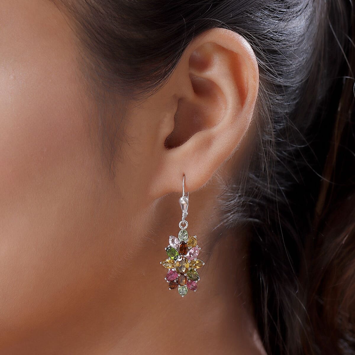 Multi-Tourmaline Lever Back Earrings in Platinum Over Sterling Silver 6.40 ctw image number 2