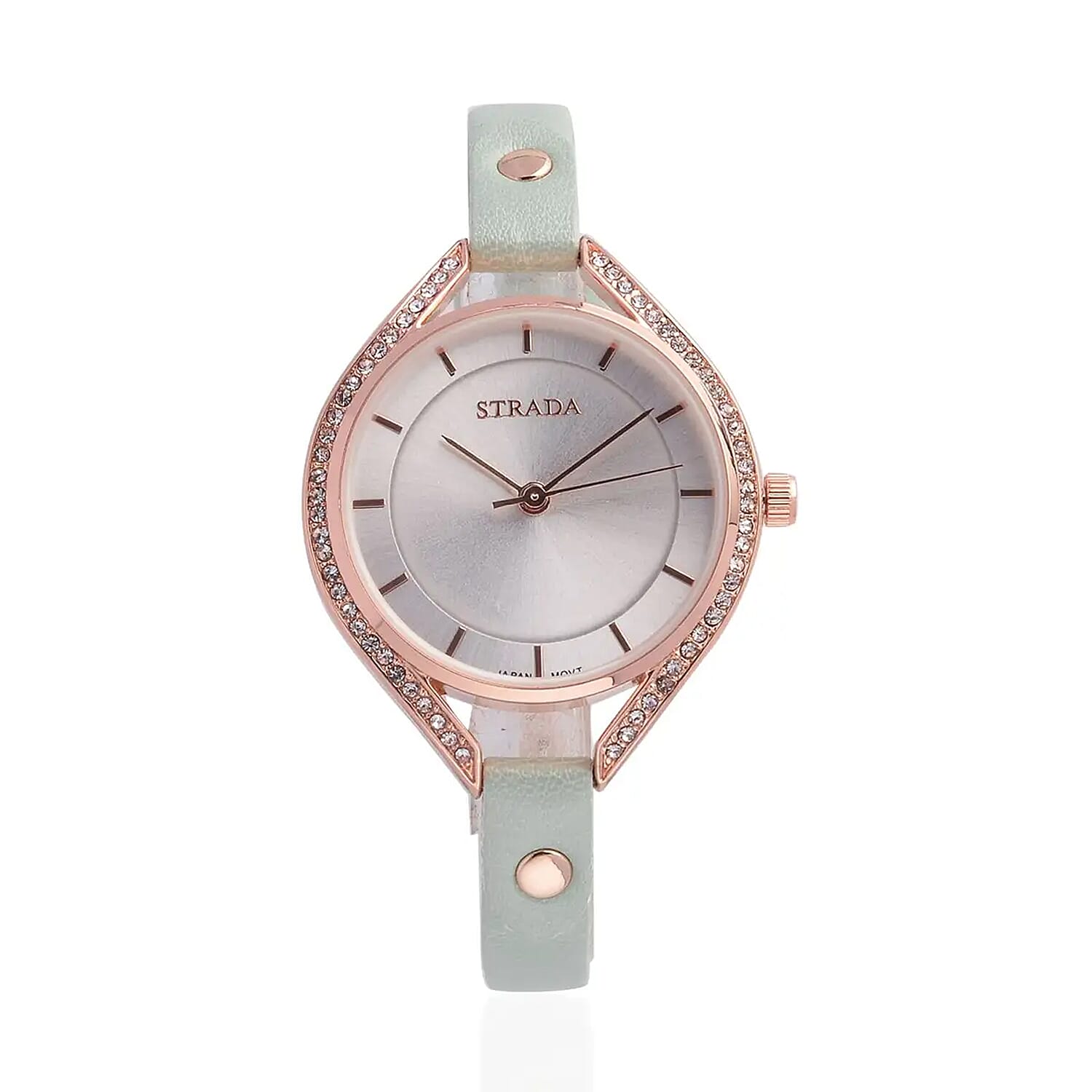Strada Japanese Movement White Austrian Crystal Watch with Green Faux Leather Strap (6.00-7.50 Inches)