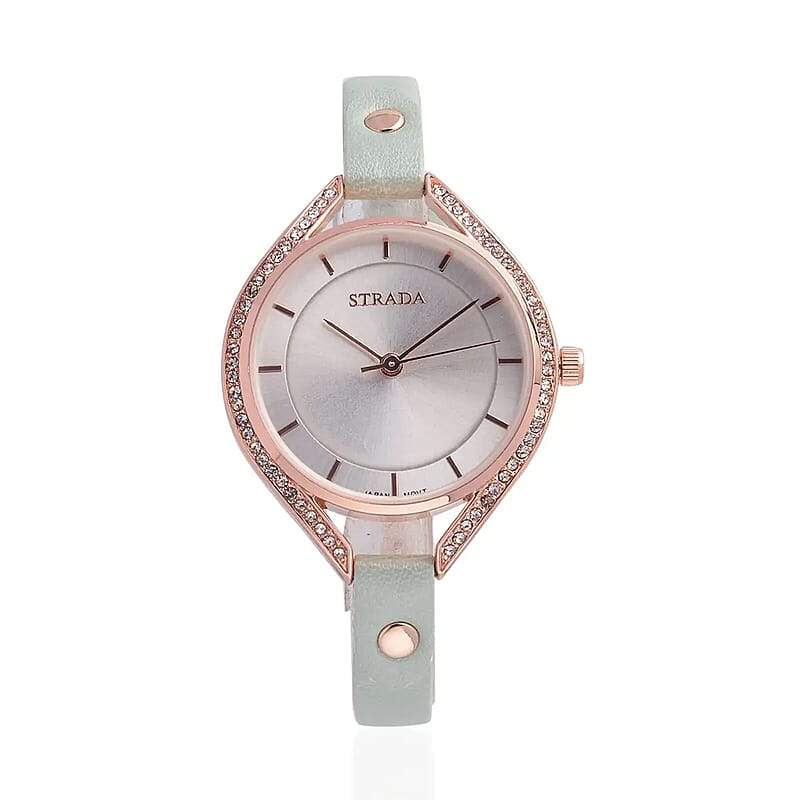 Strada Japanese Movement White Austrian Crystal Watch with Green Faux Leather Strap (6.00-7.50 Inches)