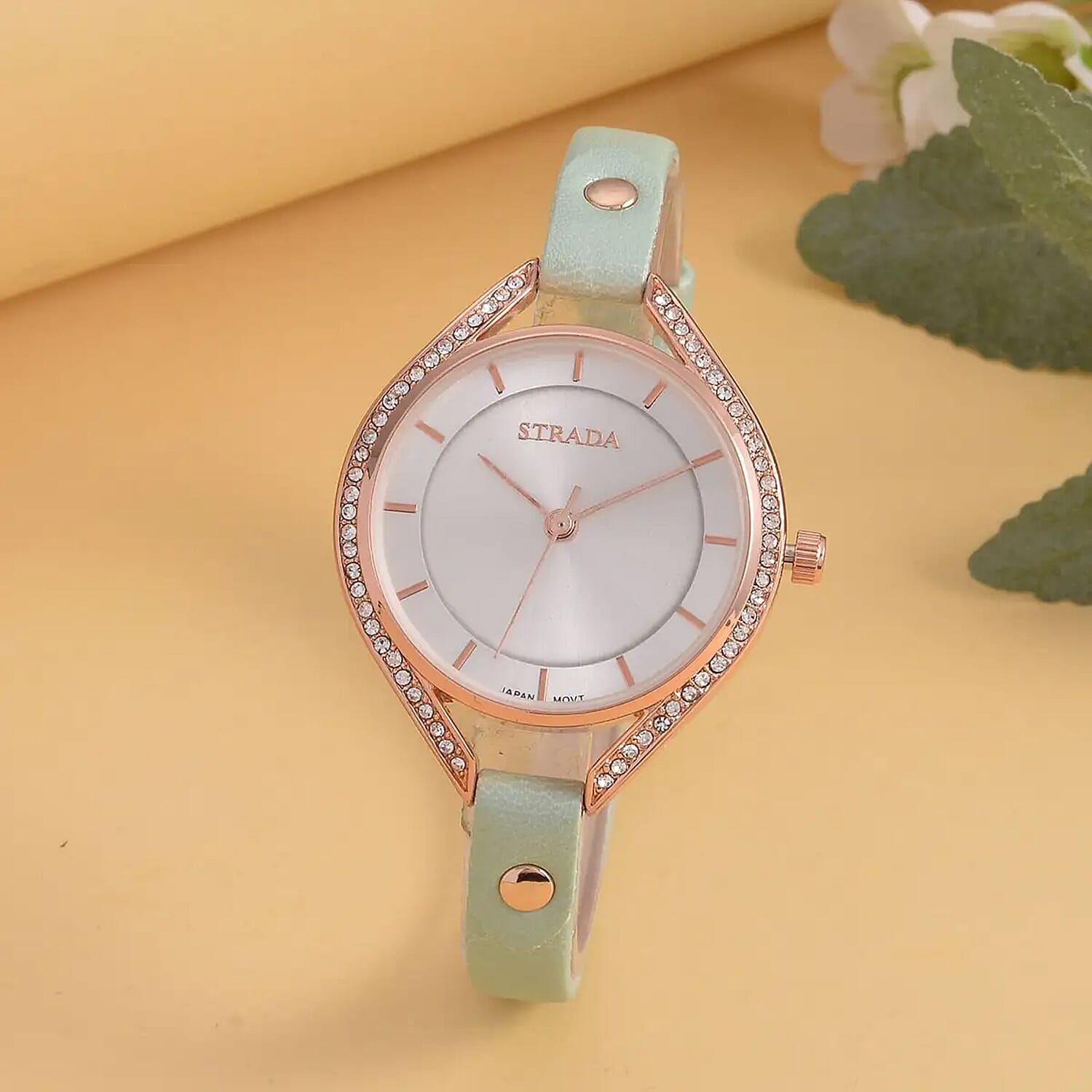 Strada Japanese Movement White Austrian Crystal Watch with Green Faux Leather Strap (6.00-7.50 Inches)