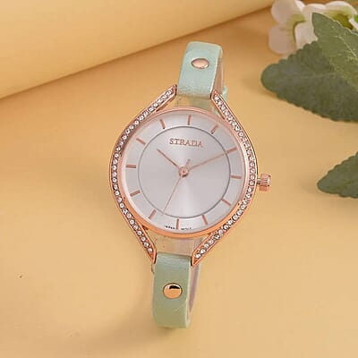 Strada Japanese Movement White Austrian Crystal Watch with Green Faux Leather Strap (6.00-7.50 Inches)