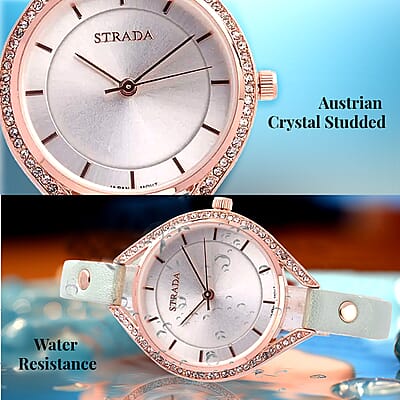 Strada Japanese Movement White Austrian Crystal Watch with Green Faux Leather Strap (6.00-7.50 Inches)