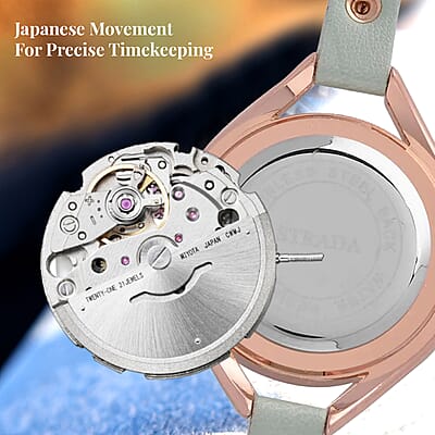 Strada Japanese Movement White Austrian Crystal Watch with Green Faux Leather Strap (6.00-7.50 Inches)