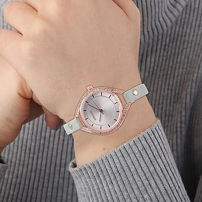 Strada Japanese Movement White Austrian Crystal Watch with Green Faux Leather Strap (6.00-7.50 Inches)