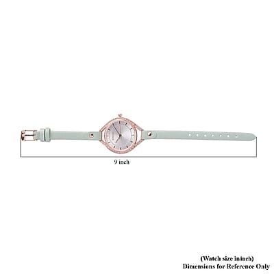 Strada Japanese Movement White Austrian Crystal Watch with Green Faux Leather Strap (6.00-7.50 Inches)