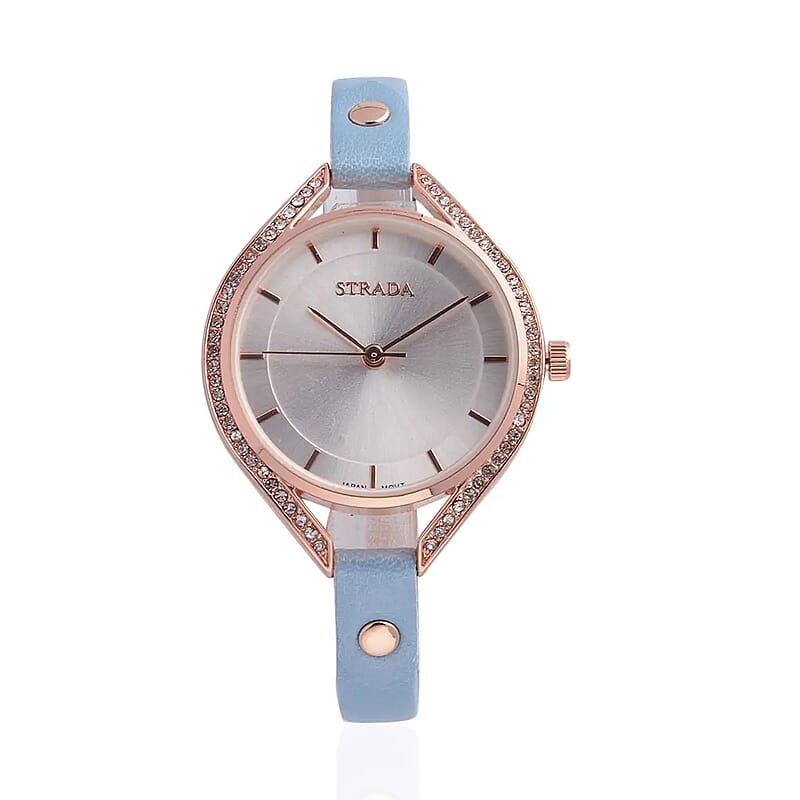 Strada Japanese Movement White Austrian Crystal Watch with Blue Faux Leather Strap (6.00-7.50 Inches)