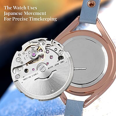 Strada Japanese Movement White Austrian Crystal Watch with Blue Faux Leather Strap (6.00-7.50 Inches)