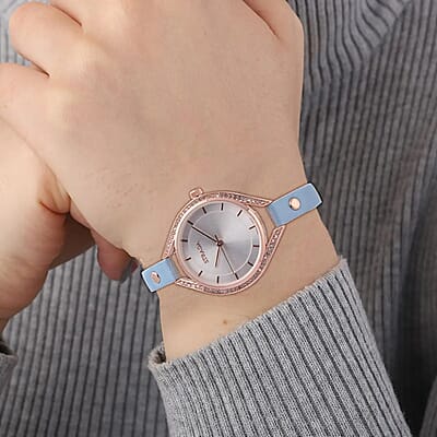 Strada Japanese Movement White Austrian Crystal Watch with Blue Faux Leather Strap (6.00-7.50 Inches)
