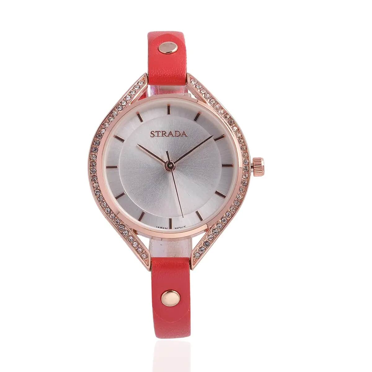 Strada Japanese Movement White Austrian Crystal Watch with Red Faux Leather Strap (6.00-7.50 Inches) image number 0